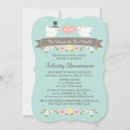 Aqua Monogram Love Birds Bridal Shower Invitation