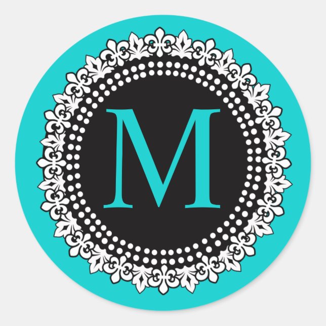 Aqua  Monogram M Fleur de lis Wedding Sticker (Front)