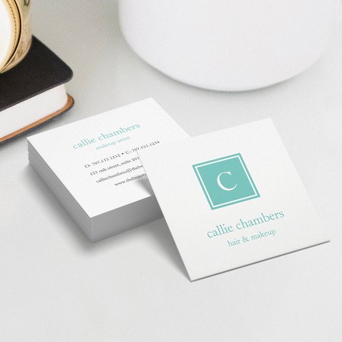 Aqua Monogram Square Business Card