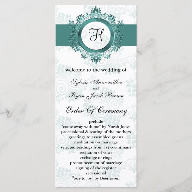 aqua monogram Wedding program (Front)