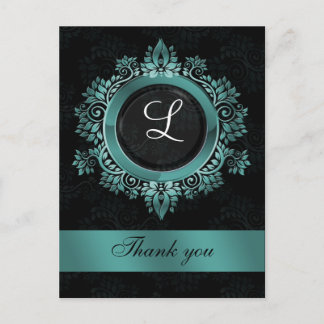 aqua monogram wedding thank you postcard