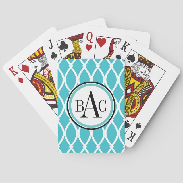 Aqua Monogrammed Barcelona Print Poker Cards (Back)
