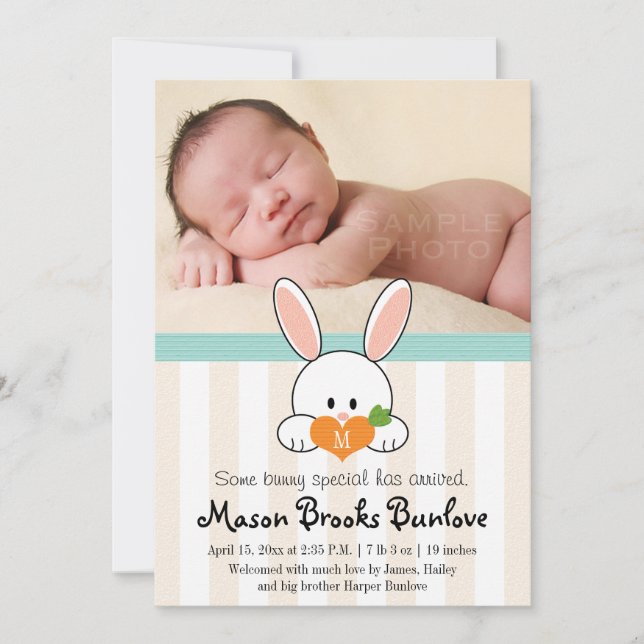 AQUA MONOGRAMMED BUNNY RABBIT BIRTH ANNOUNCEMENT (Front)