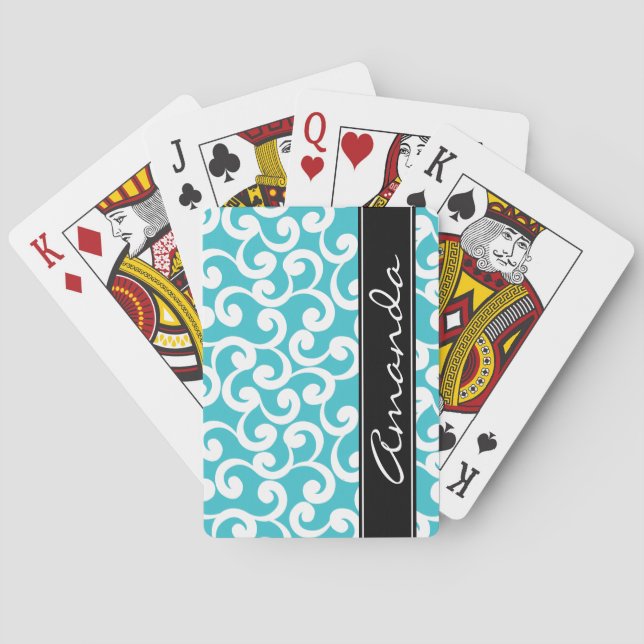 Aqua Monogrammed Elements Print Poker Cards (Back)