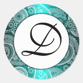 Aqua Monogrammed White Lace Paisley Stickers