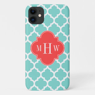 Aqua Moroccan #5 Coral Red 3 Initial Monogram iPhone 11 Case