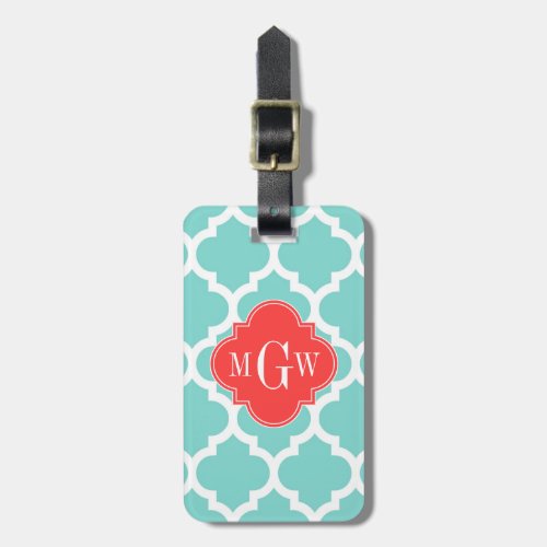 Aqua Moroccan 5 Coral Red 3 Initial Monogram Luggage Tag