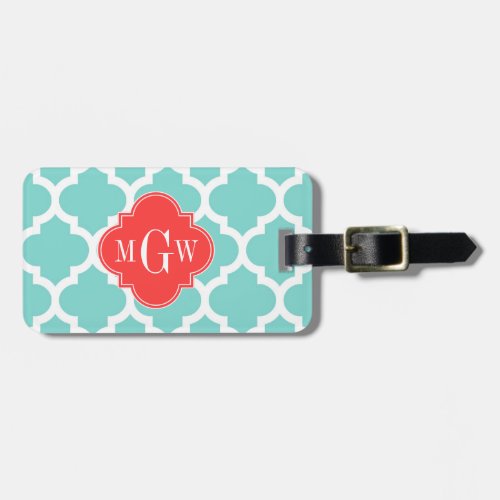 Aqua Moroccan 5 Coral Red 3 Initial Monogram Luggage Tag