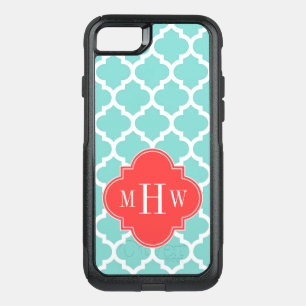 Aqua Moroccan #5 Coral Red 3 Initial Monogram OtterBox Commuter iPhone SE/8/7 Case