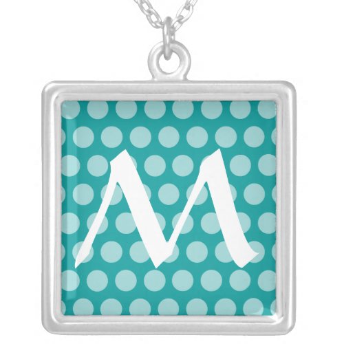 Aqua Moroccan Dots with monogram Silver Plated Necklace