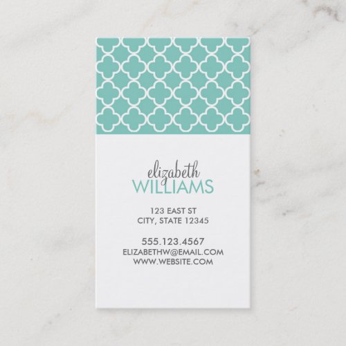 Aqua Moroccan Quatrefoil Pattern Business Card Templates