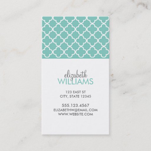 Customizable Aqua Moroccan Quatrefoil Pattern Business Card Templates