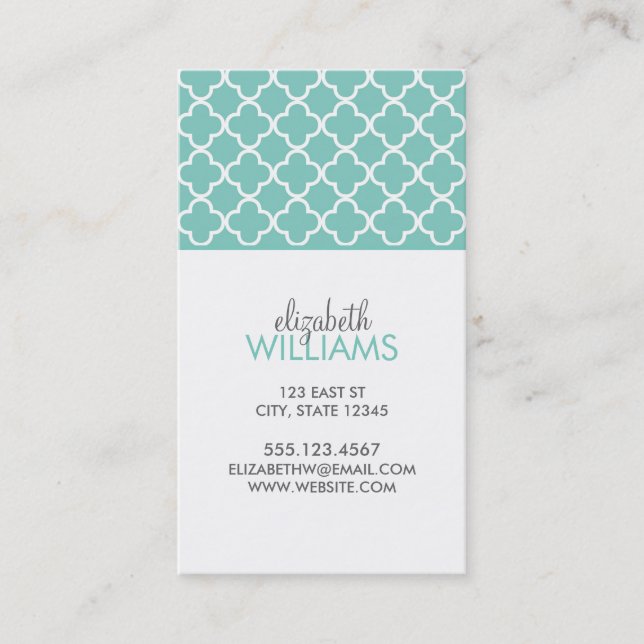 Aqua Moroccan Quatrefoil Pattern Business Card (Front)