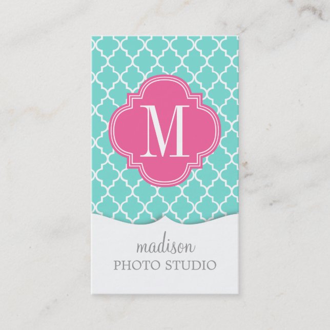 Aqua Moroccan Tiles Lattice Personalized Business Card (Front)