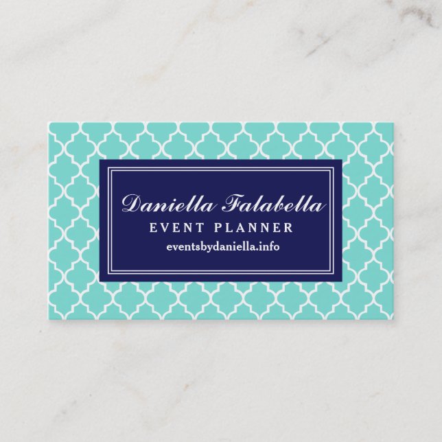 Aqua Moroccan Tiles Lattice Personalized Business Card (Front)