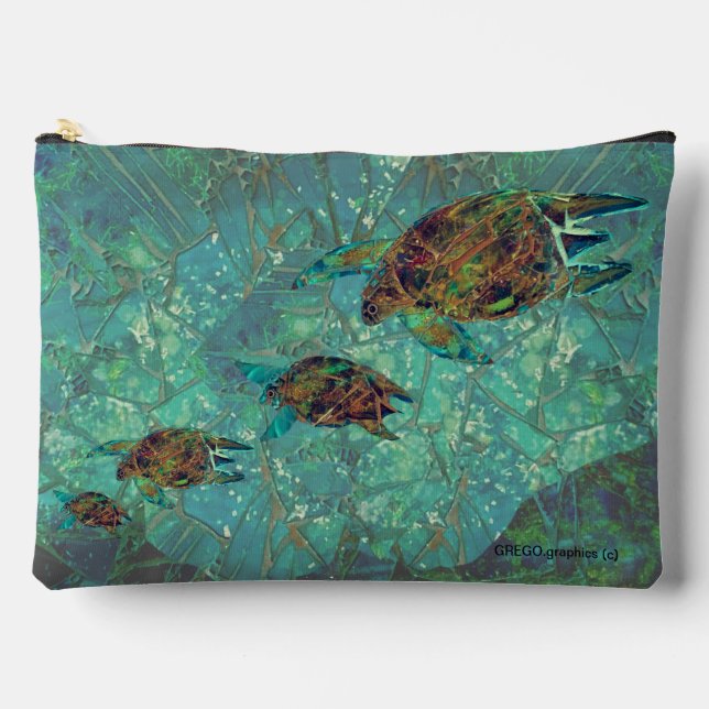 Aqua Mosaic Lg  Zippered_Bag Turtles Indigenosity Accessory Pouch (Front)