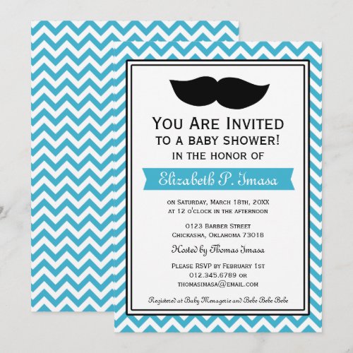 Aqua Blue Boy Moustache Chevron Baby Shower Personalized Invitations