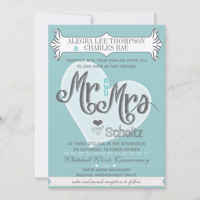 Aqua Mr and Mrs Typography Weddings Invitation (Front)