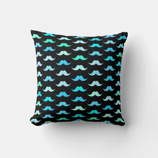 Aqua Mustaches Black Throw Pillow (Front)