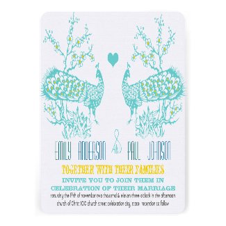 Aqua & Mustard Yellow Peacock Wedding Invitations