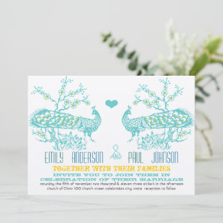 Aqua & Mustard Yellow Peacock Wedding Invitations