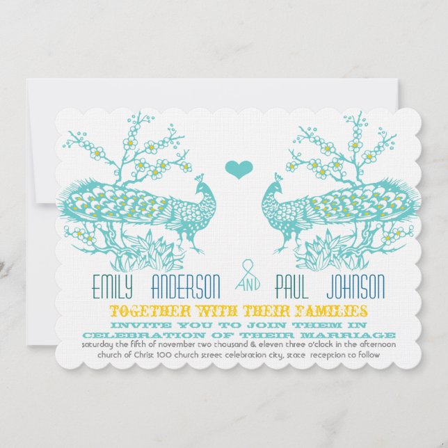 Aqua & Mustard Yellow Peacock Wedding Invitations (Front)