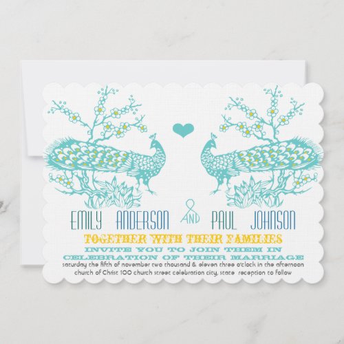 Aqua  Mustard Yellow Peacock Wedding Invitations