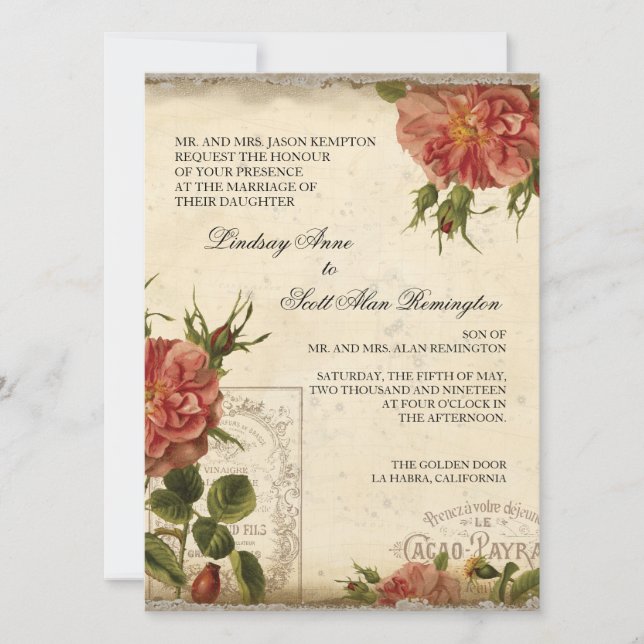 Aqua n Cream Vintage Eiffel Tower Rose Wedding Invitation (Front)