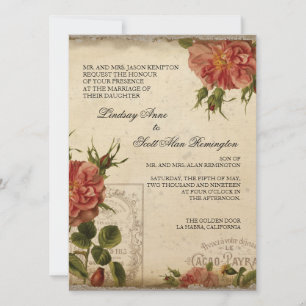 Aqua n Cream Vintage Eiffel Tower Rose Wedding Invitation