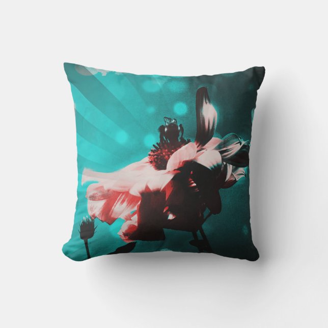 Aqua N Pink Sunflower N Bee Retro Outdoor Pillow (Front)