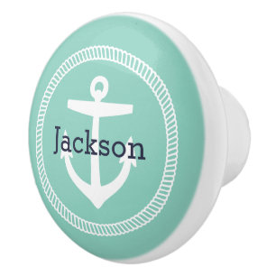 Aqua Nautical Anchor Monogram Ceramic Knob