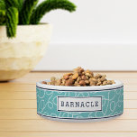 Aqua Nautical Rope Pattern Personalized Bowl<br><div class="desc">Pamper your seafaring pooch with our personalized dog bowl,  featuring a pattern of looping nautical rope in white on turquoise aqua,  with your pet's name on the front. A thin navy border at the top and bottom adds to the preppy charm of this summery doggie dish.</div>