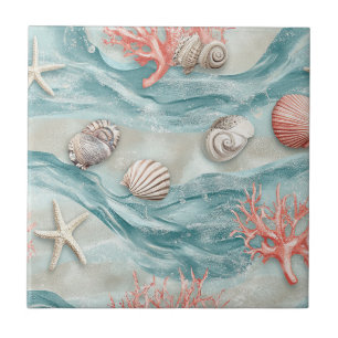 Aqua Nautical Starfish Seashell Pattern Ceramic Tile