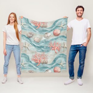 Aqua Nautical Starfish Seashell Pattern Fleece Blanket
