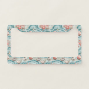 Aqua Nautical Starfish Seashell Pattern License Plate Frame