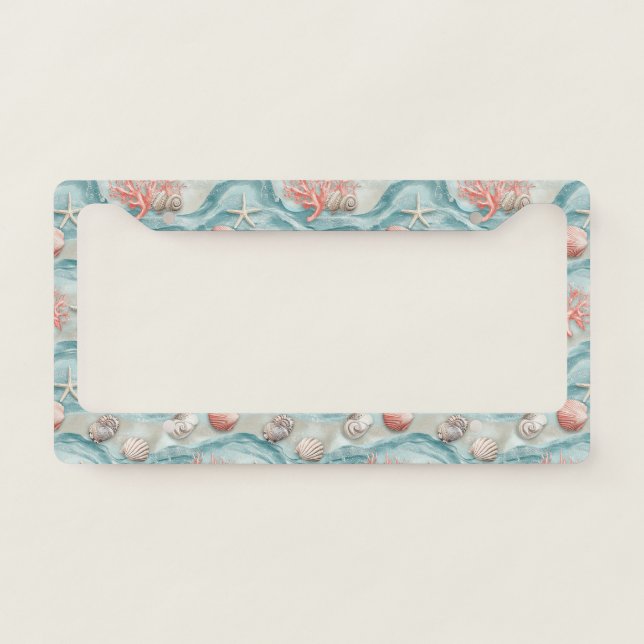 Aqua Nautical Starfish Seashell Pattern License Plate Frame (Front)