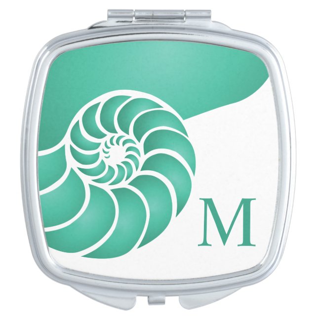 Aqua Nautilus Shell Nautical Monogrammed Makeup Mirror (Front)