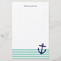 Aqua &amp; Navy Blue Nautical Stripes &amp; Cute Anchor Stationery