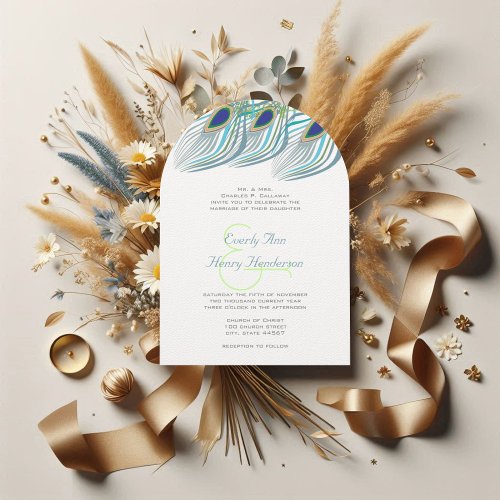 3 Aqua Peacock Vintage Feathers Personalized Announcements