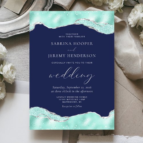 Aqua Navy Blue Silver Foil Glitter Wedding Invitation