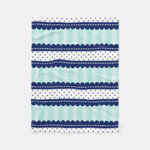 Aqua Navy Blue Stripes And Polka Dots Pattern Fleece Blanket