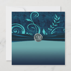Aqua & Navy Blue Velvet Wedding Swirl Invitation