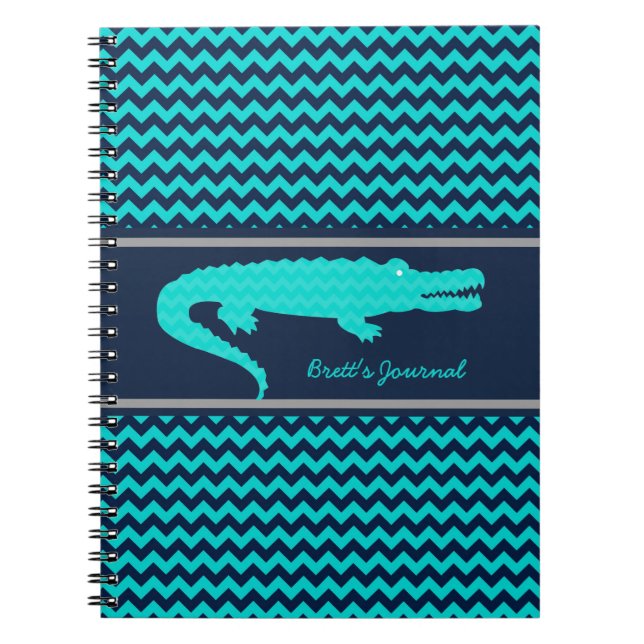 Aqua/Navy Gator on Chevron Personalized Notebook (Front)