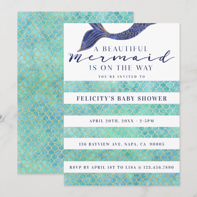 Aqua Navy Gold Mermaid Scales & Stipe Baby Shower Invitation (Front/Back)