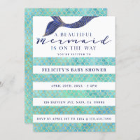 Aqua Navy Gold Mermaid Scales & Stipe Baby Shower Invitation