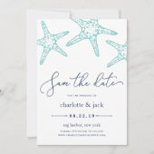 Aqua & Navy Starfish Save the Date Card (Front)
