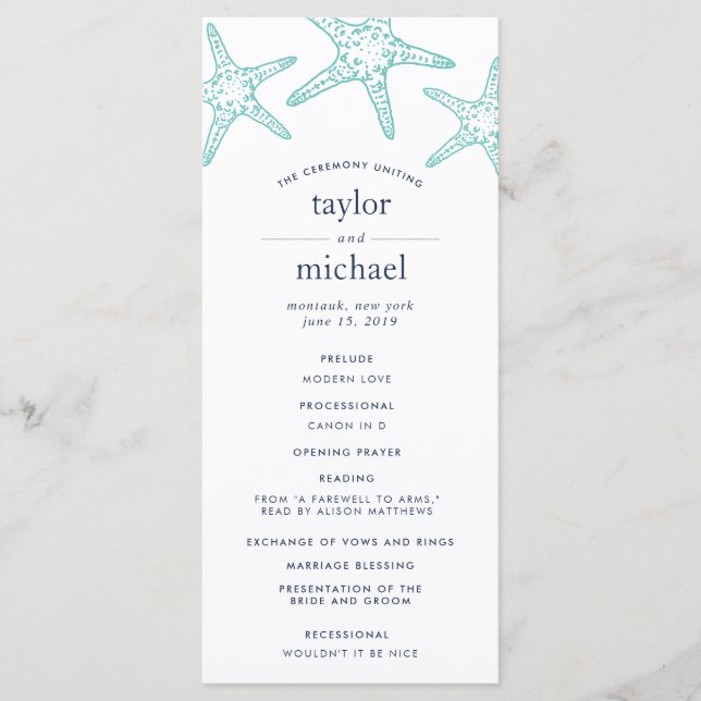 Aqua & Navy Starfish Wedding Ceremony Program (Front)