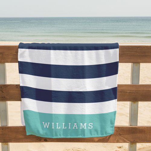 Aqua  Navy Stripe Personalized Beach Towel