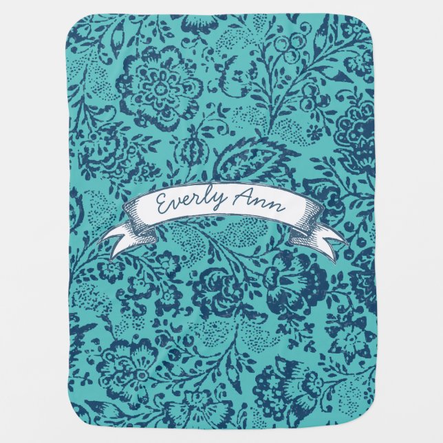 Aqua Navy Vintage Floral Chalkboard Stroller Blanket (Front)