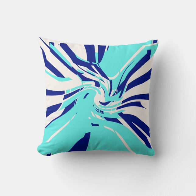 Aqua Navy White Swirling Abstract Floral Design Throw Pillow (Front)